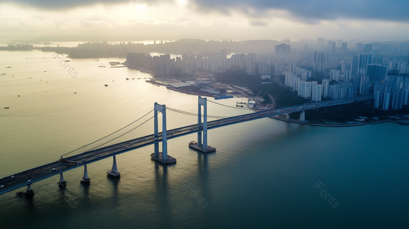 蓝天白云下海上的大桥建筑城市景观航拍摄影图,高清,摄影图,摄影图片,图片大全,摄影图免费下载